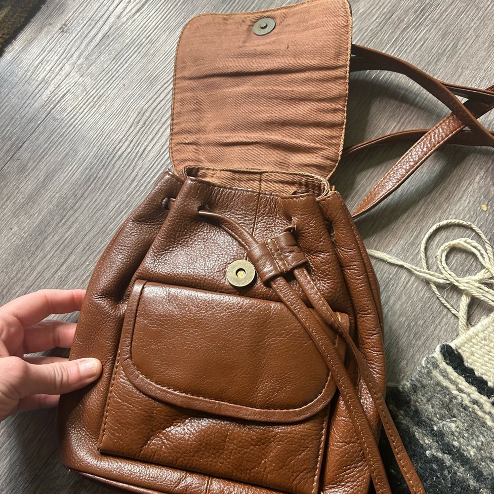 Compact Brown Leather Mini Backpack with Front Po… - image 4